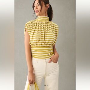 NWT Anthropologie Maeve Ruched Mock-Neck Muscle Tee, Golden Delicious/Vanilla, M